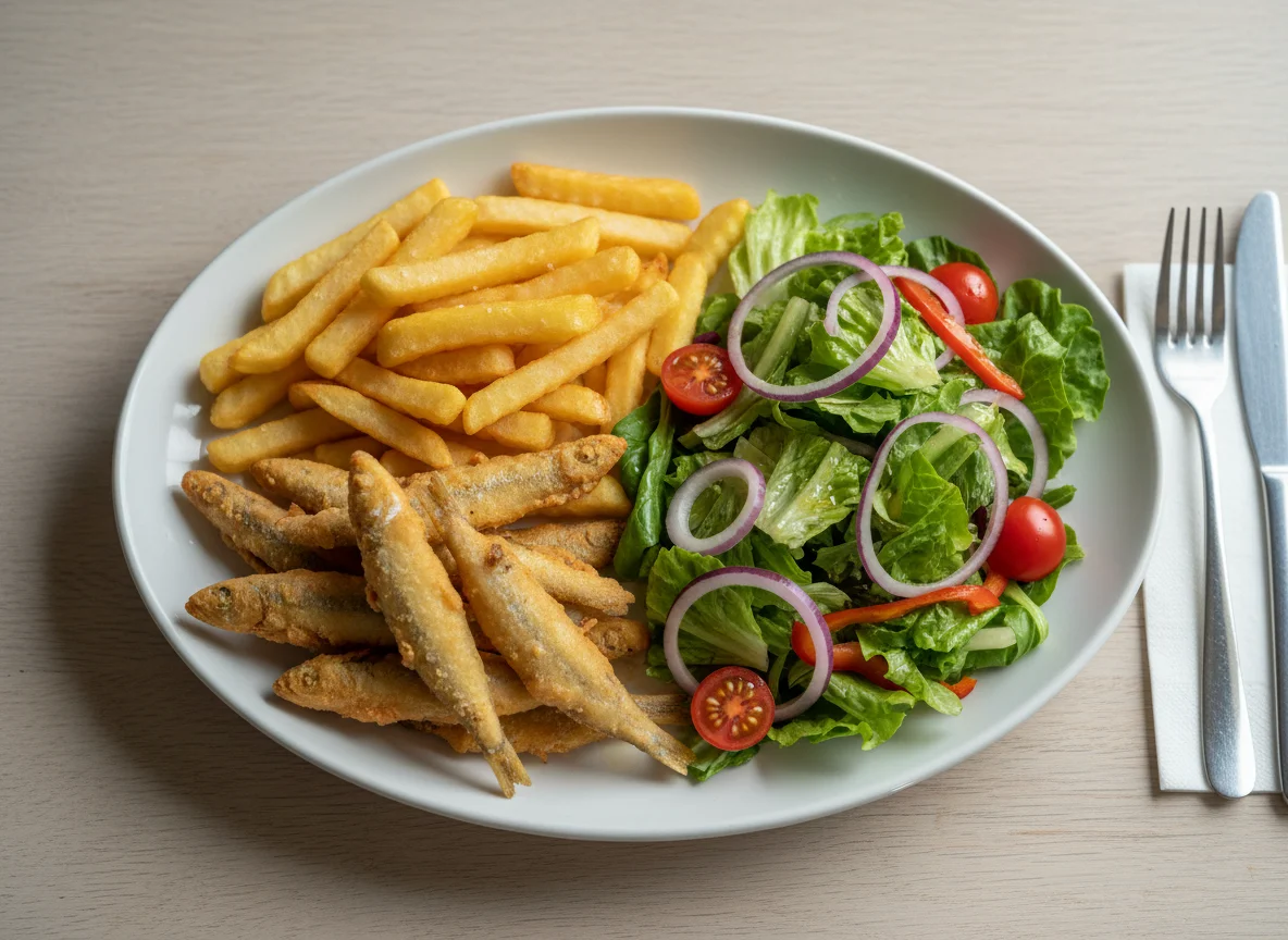 Fried Fish with French Fries and Salad photo