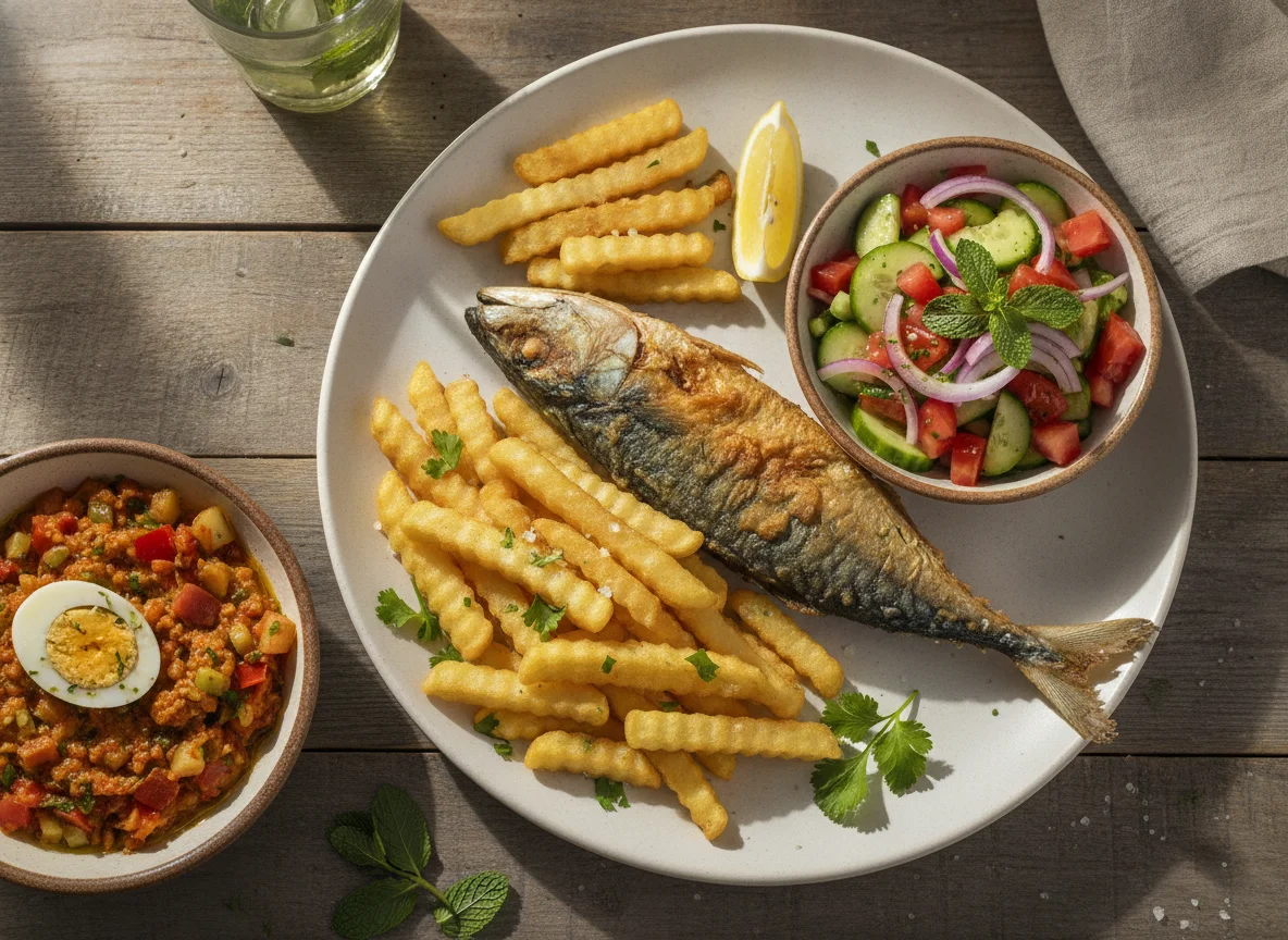 Fried Fish with French Fries and Tunisian Salad photo