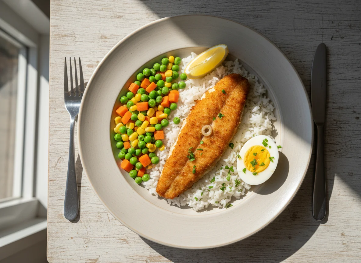 Fried Fish with Mixed Vegetables, Rice, and Boiled Egg photo