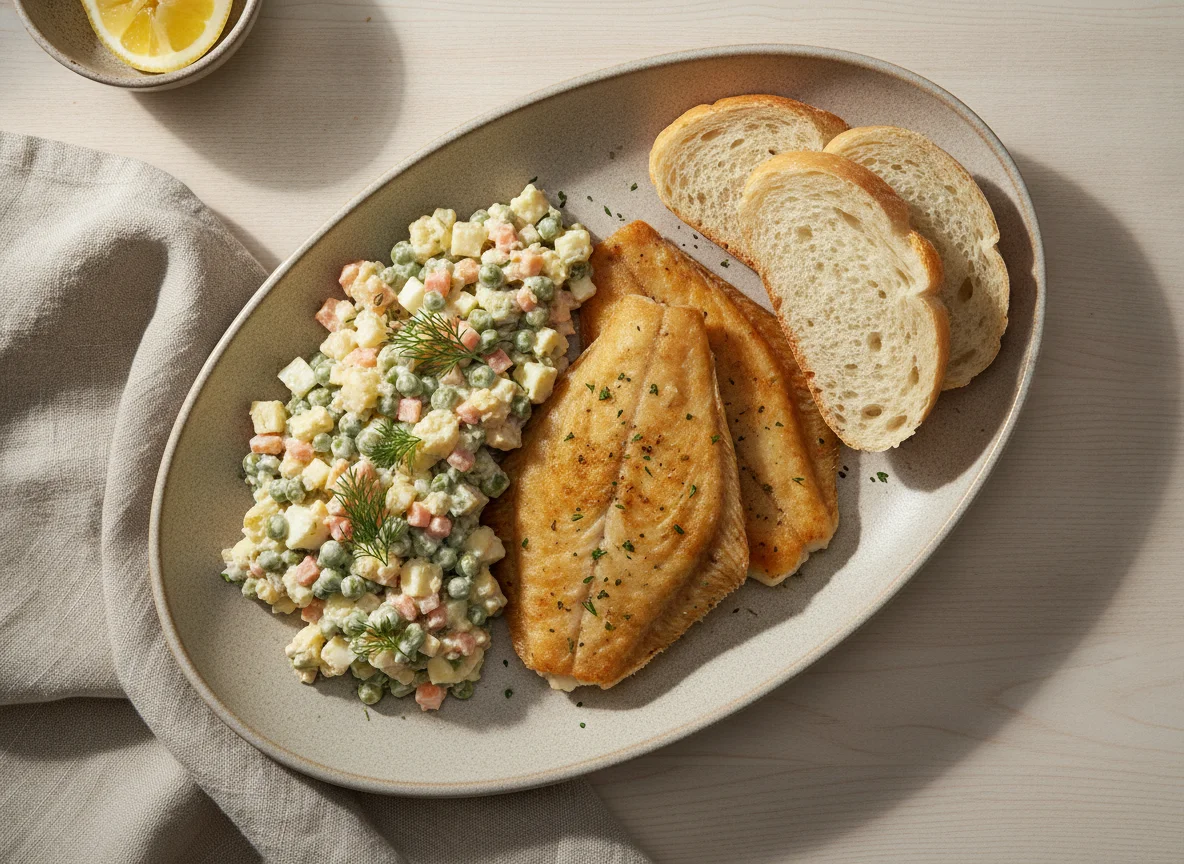 Fried Fish with Olivier Salad and Bread photo