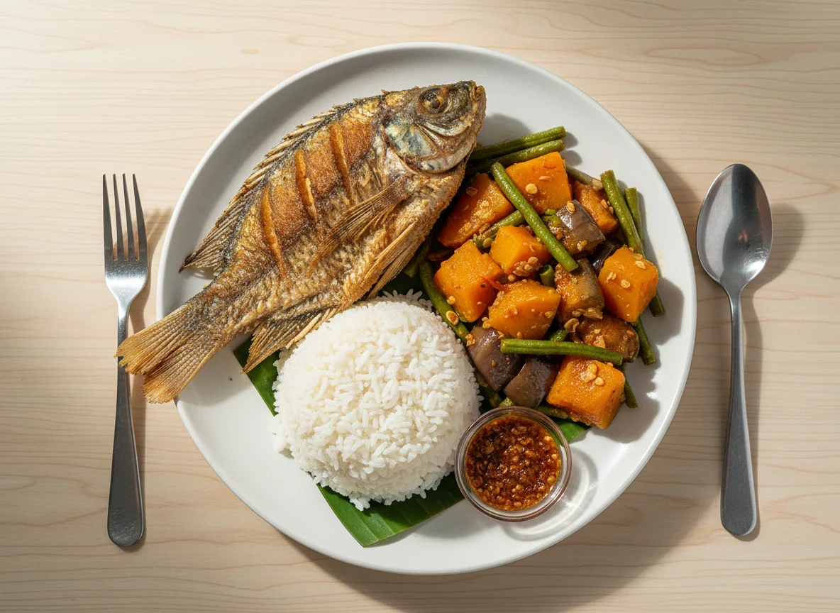 Fried Fish with Pinakbet and Rice photo