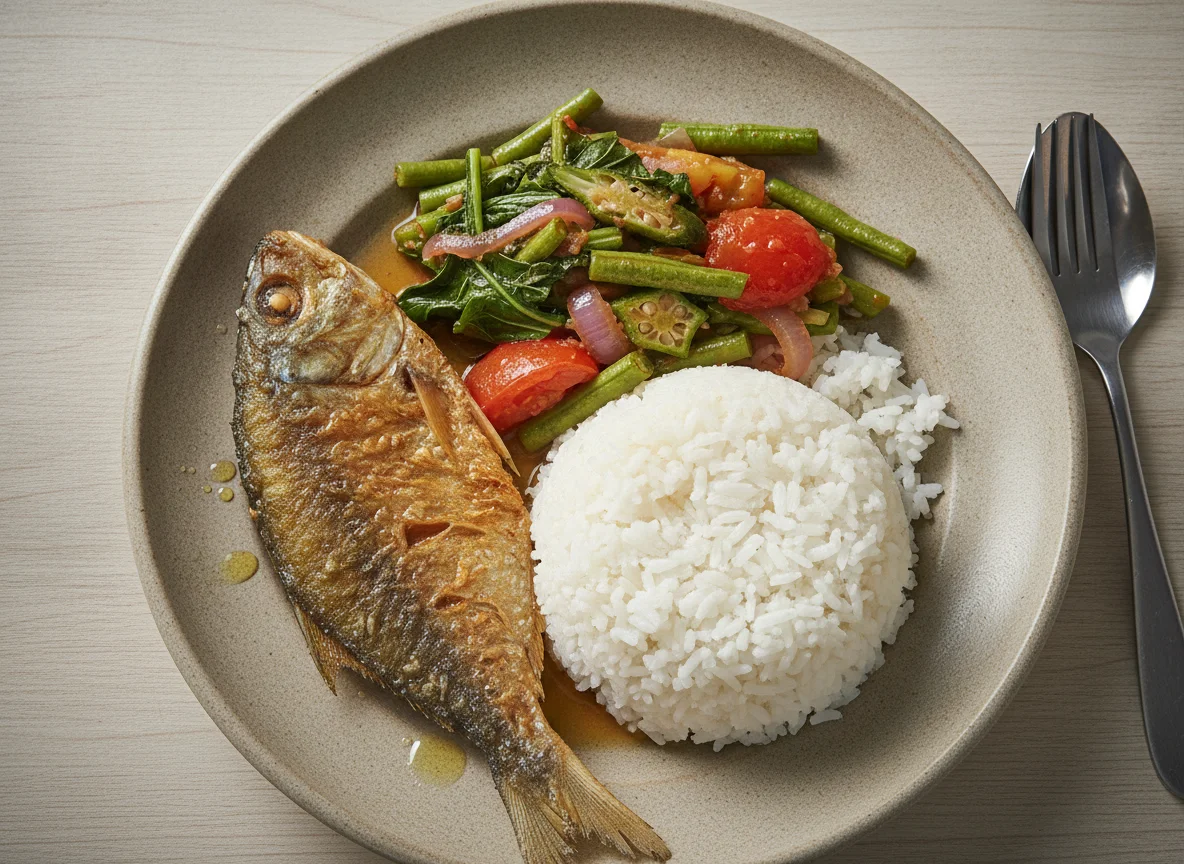 Fried Fish with Pinakbet and White Rice photo