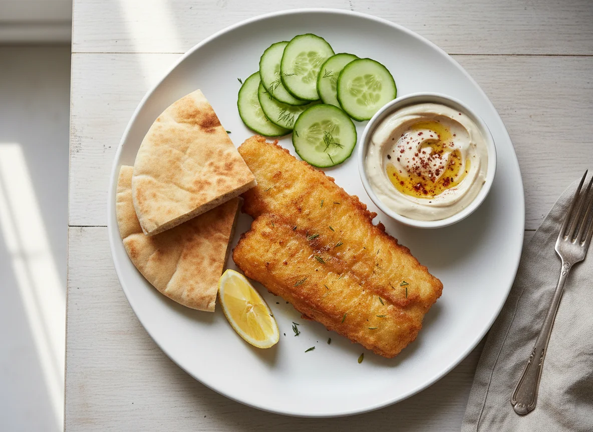 Fried Fish with Pita Bread, Cucumber, and Tahini Dip photo