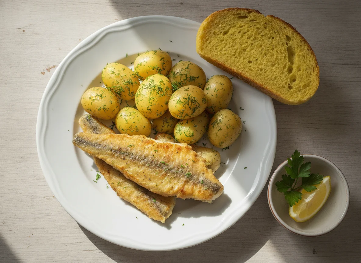 Fried Fish with Potatoes and Bread photo