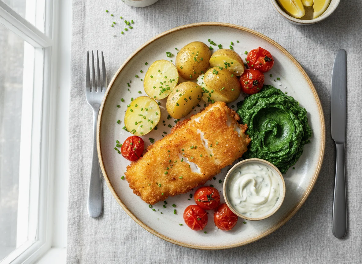 Fried Fish with Potatoes and Spinach photo