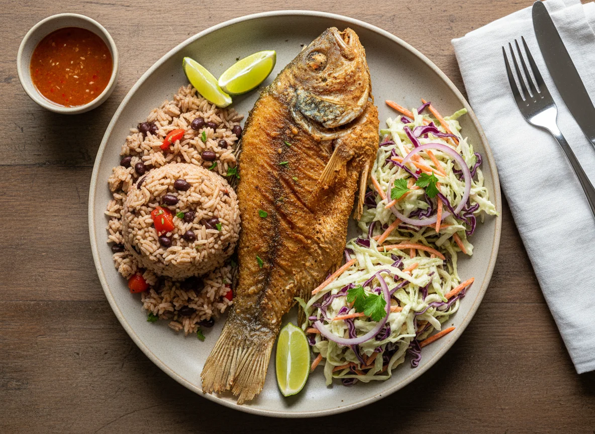 Fried Fish with Rice and Beans and Coleslaw photo