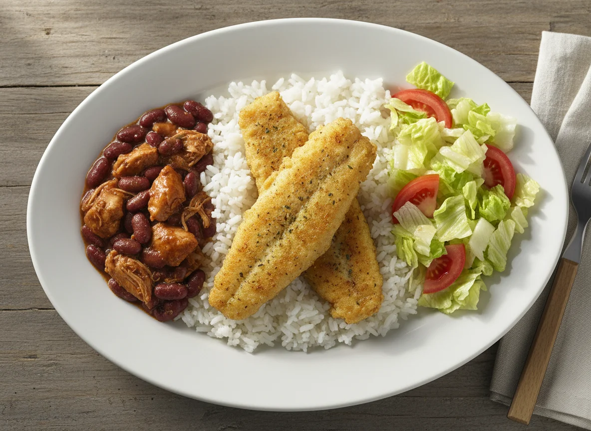 Fried Fish with Rice and Beans and Salad photo