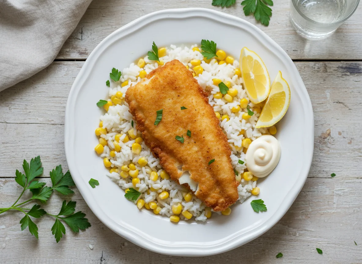 Fried Fish with Rice and Corn photo