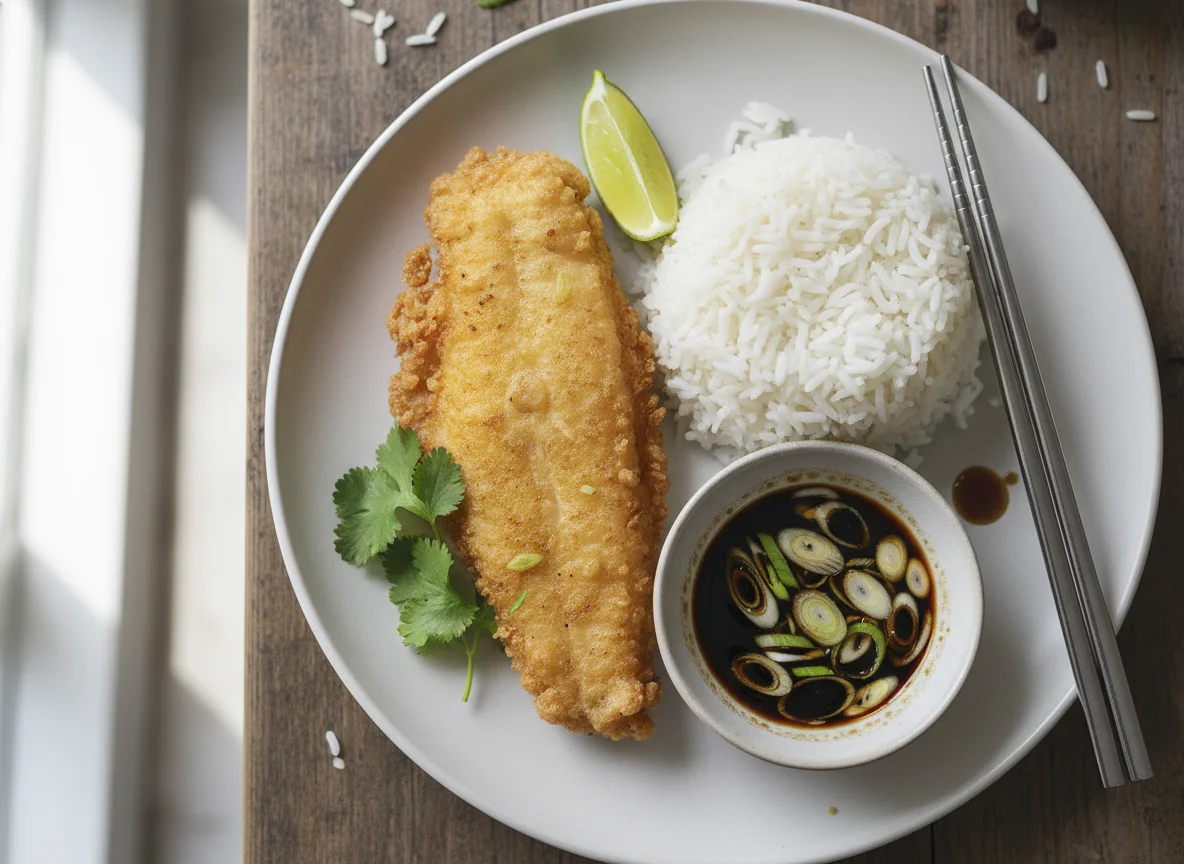 Fried Fish with Rice and Dipping Sauce photo