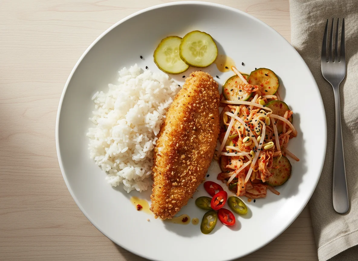 Fried Fish with Rice and Kimchi Salad photo