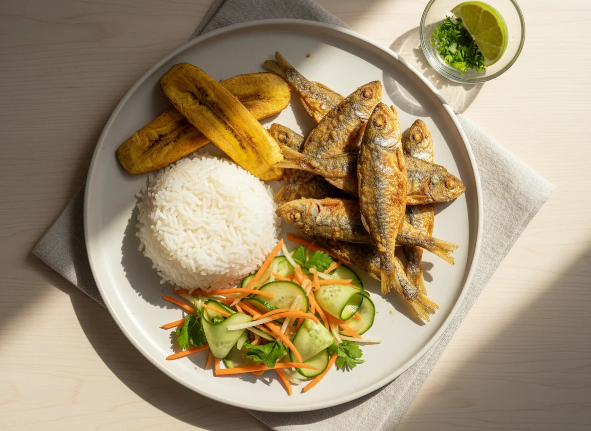 Fried Fish with Rice and Salad photo