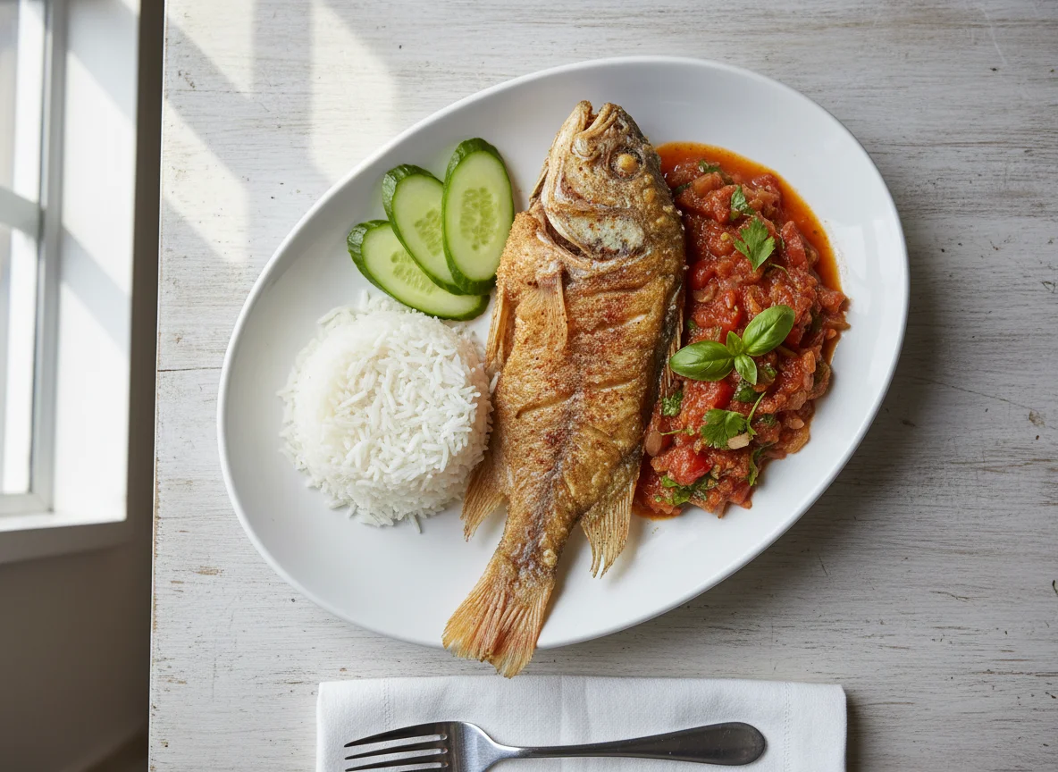 Fried Fish with Rice and Sauce photo