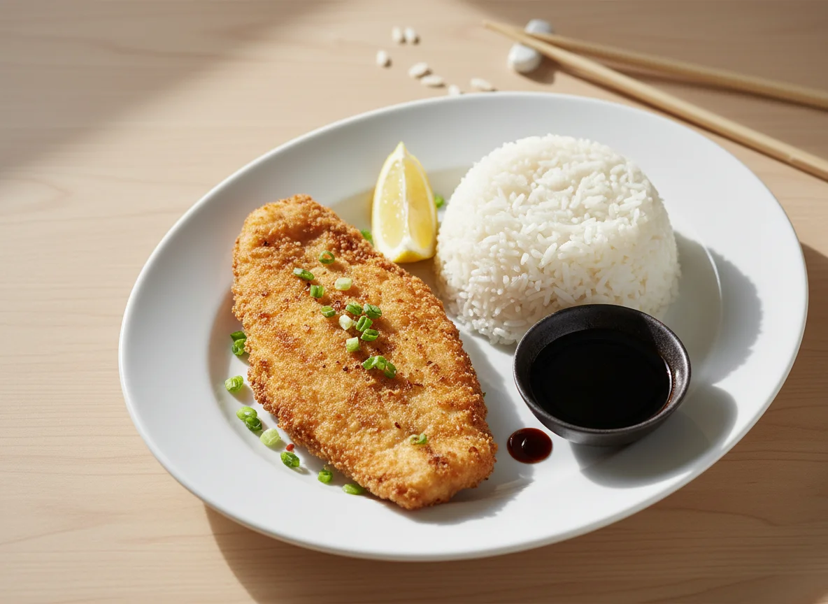 Fried Fish with Rice and Soy Sauce photo
