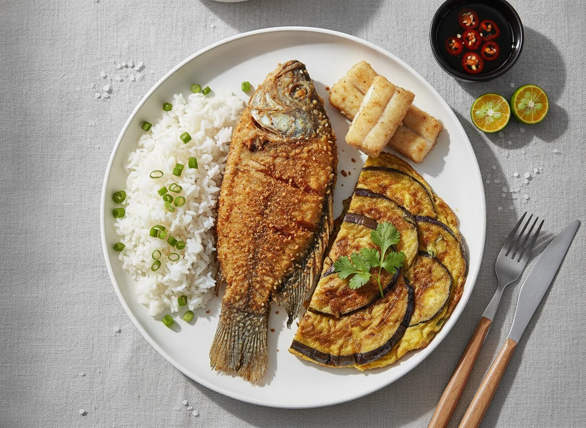Fried Fish with Rice and Tortang Talong photo