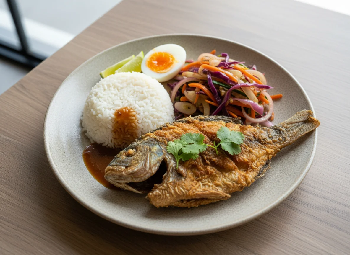 Fried Fish with Rice and Vegetables photo