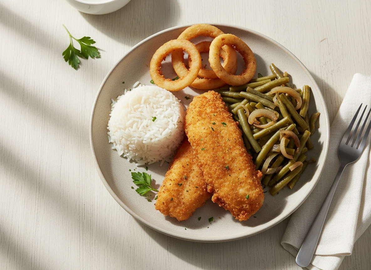 Fried Fish with Rice, Stewed Green Beans and Onion Rings photo