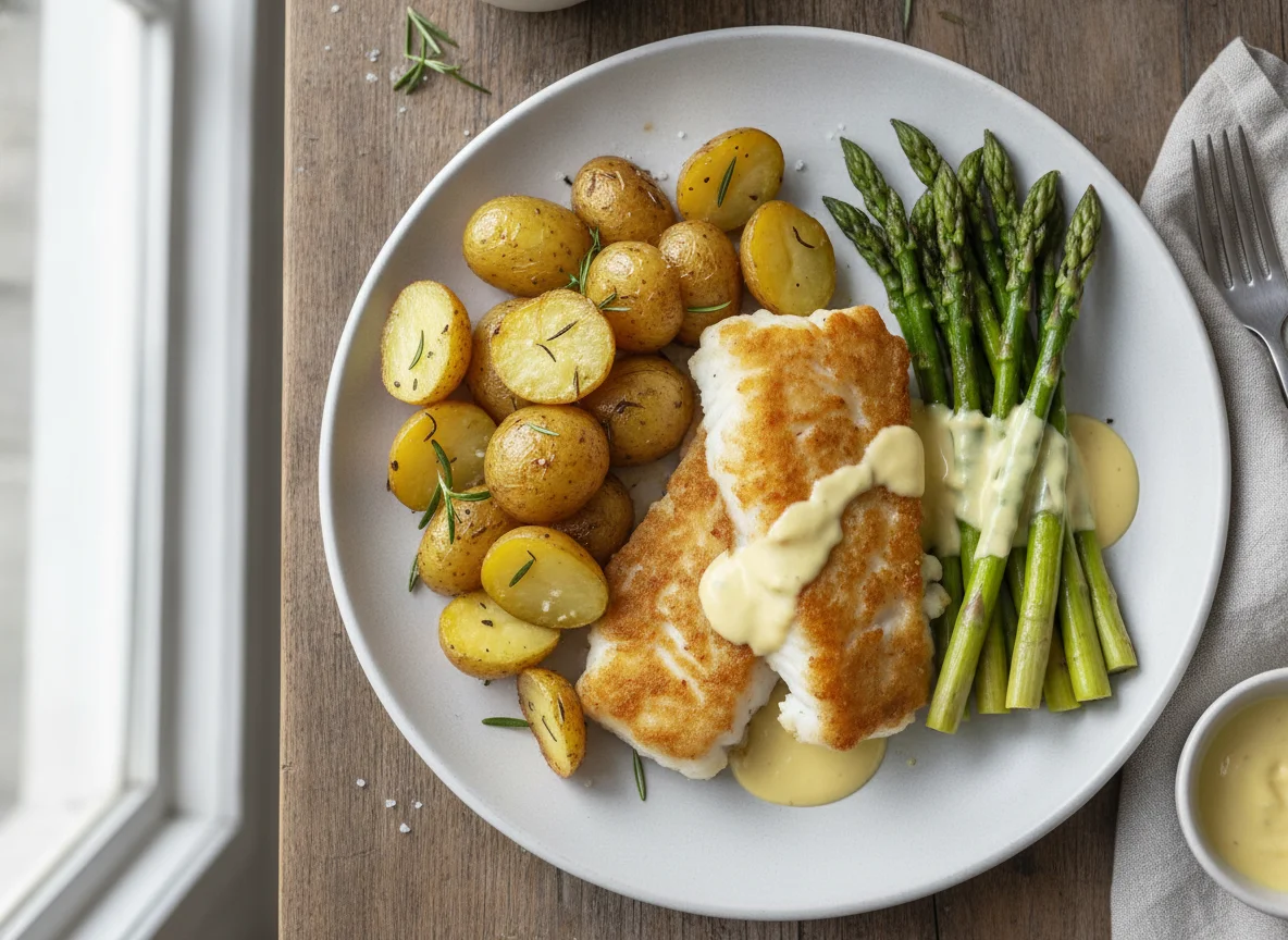Fried fish with roasted potatoes, green asparagus and hollandaise sauce photo