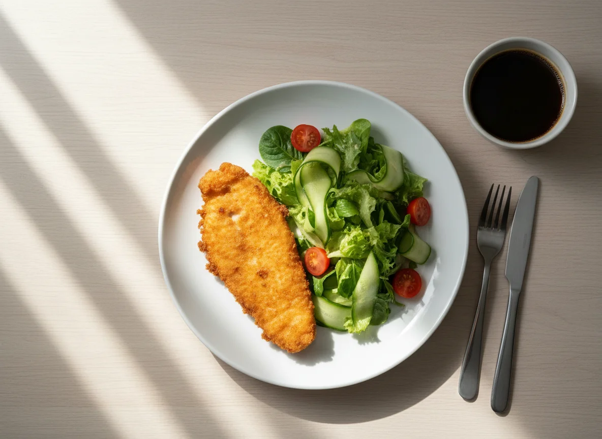 Fried Fish with Salad and Black Coffee photo