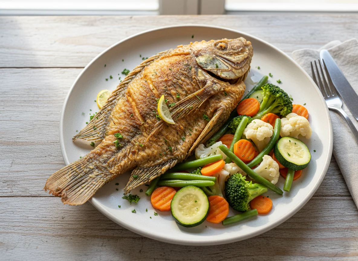 Fried Fish with Steamed Vegetables photo