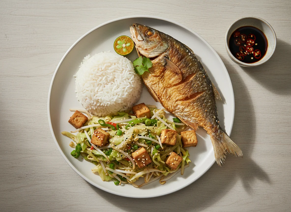 Fried Fish with Stir-fried Vegetables and Rice photo