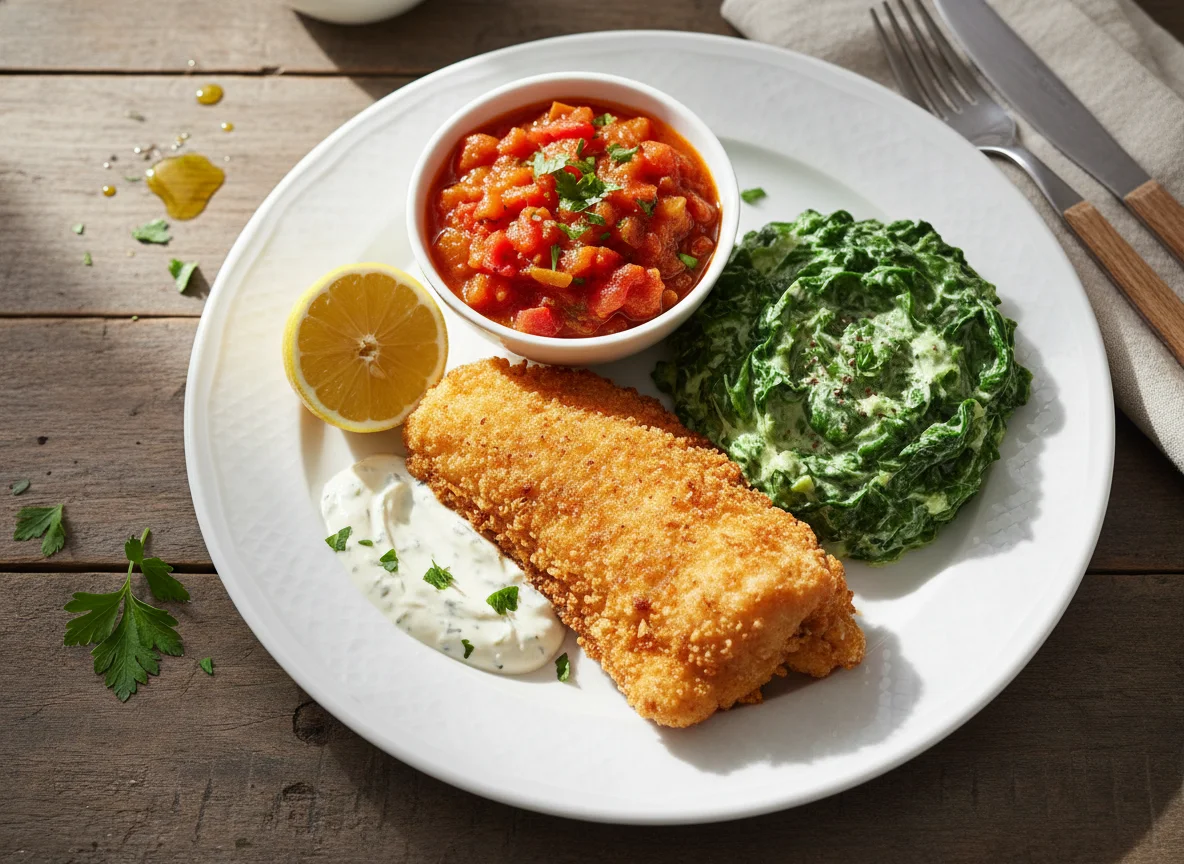 Fried Fish with Tomato Stew and Creamed Spinach photo