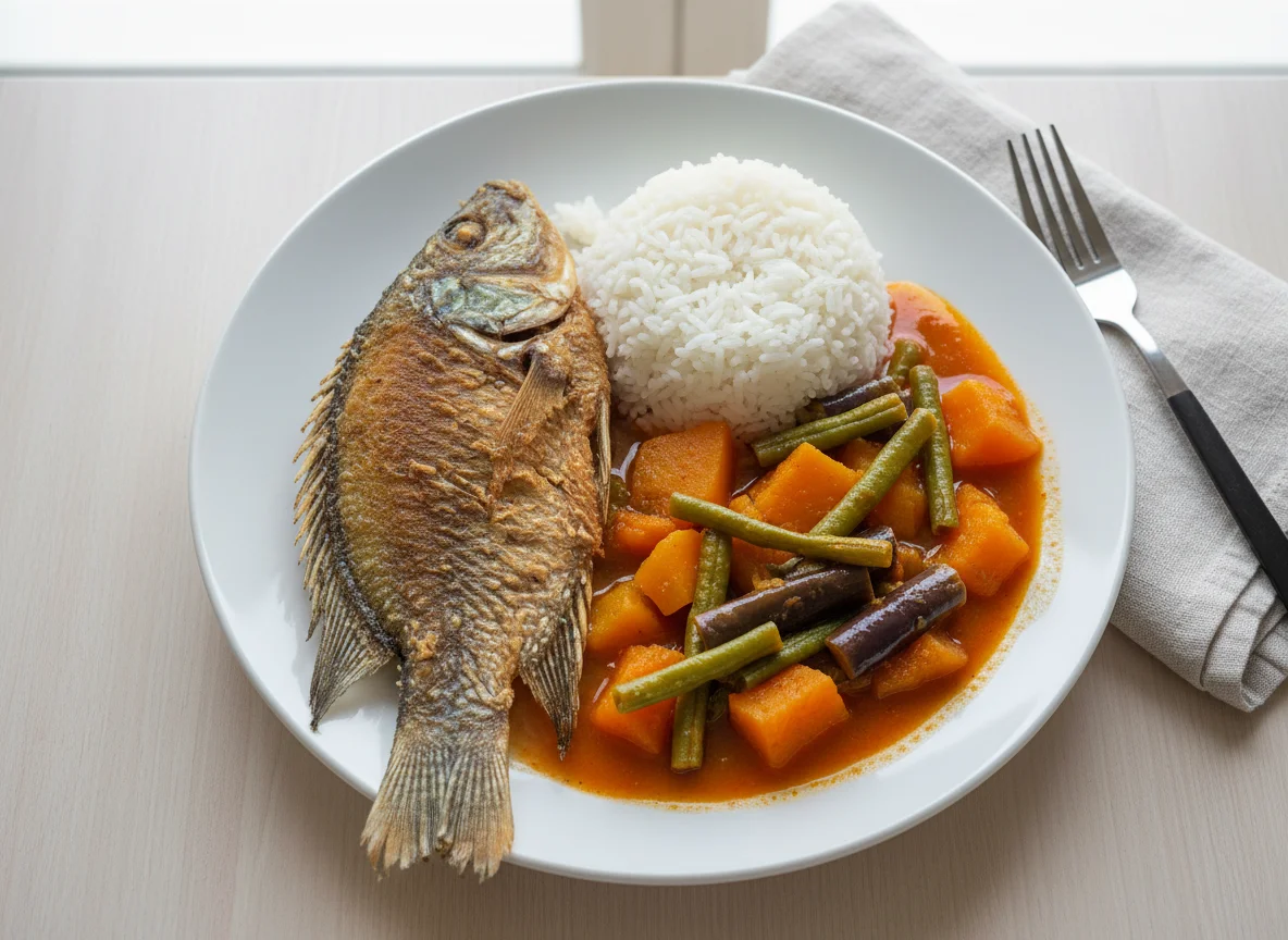 Fried Fish with Vegetable Stew and Rice photo