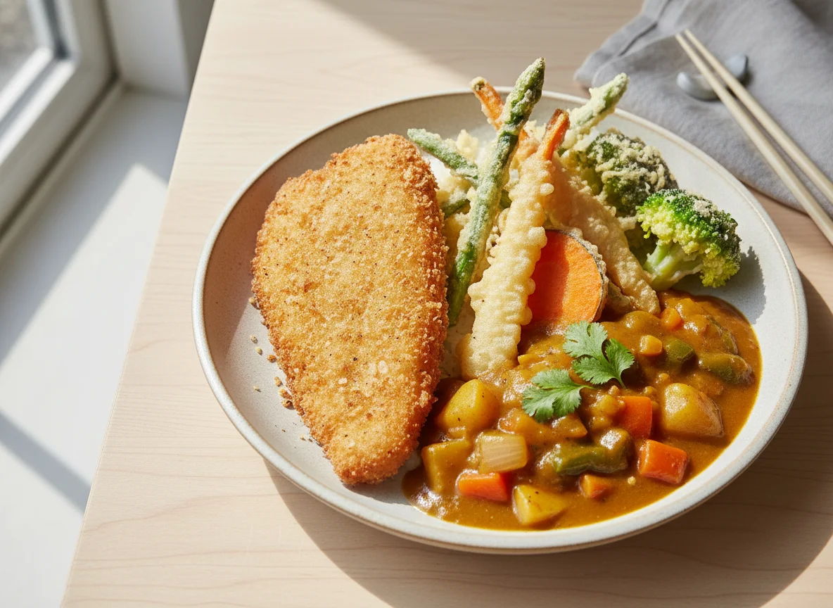 Fried Fish with Vegetable Tempura and Curry photo