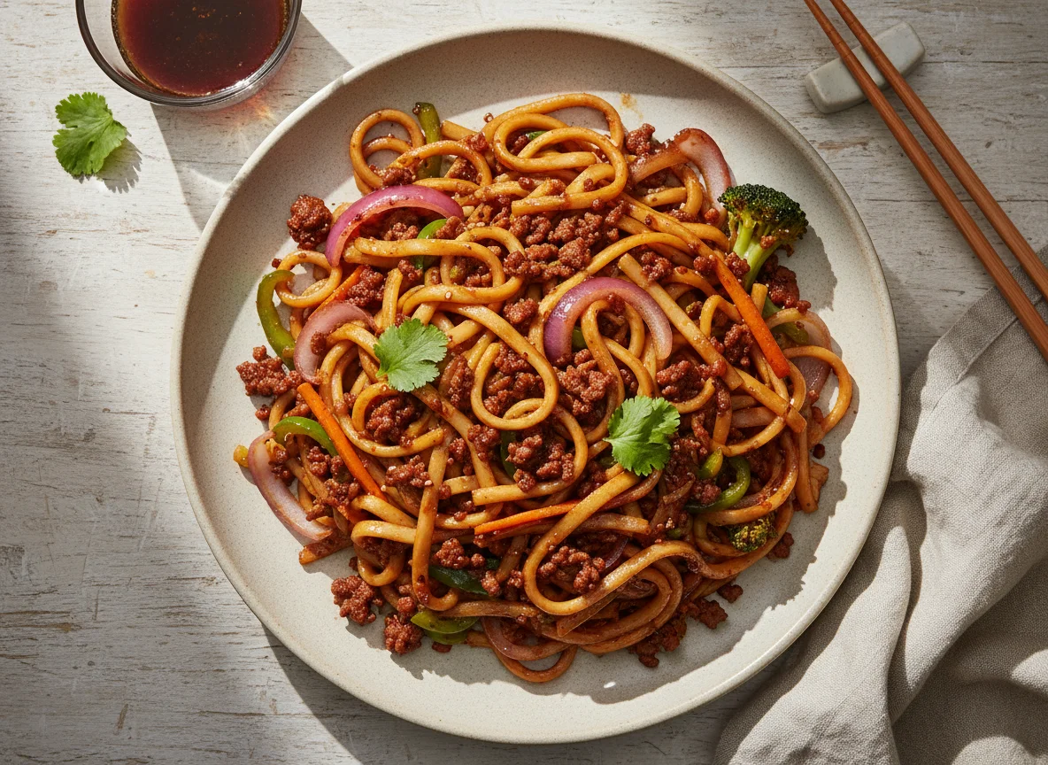 Fried Fresh Noodle with Beef Mince photo