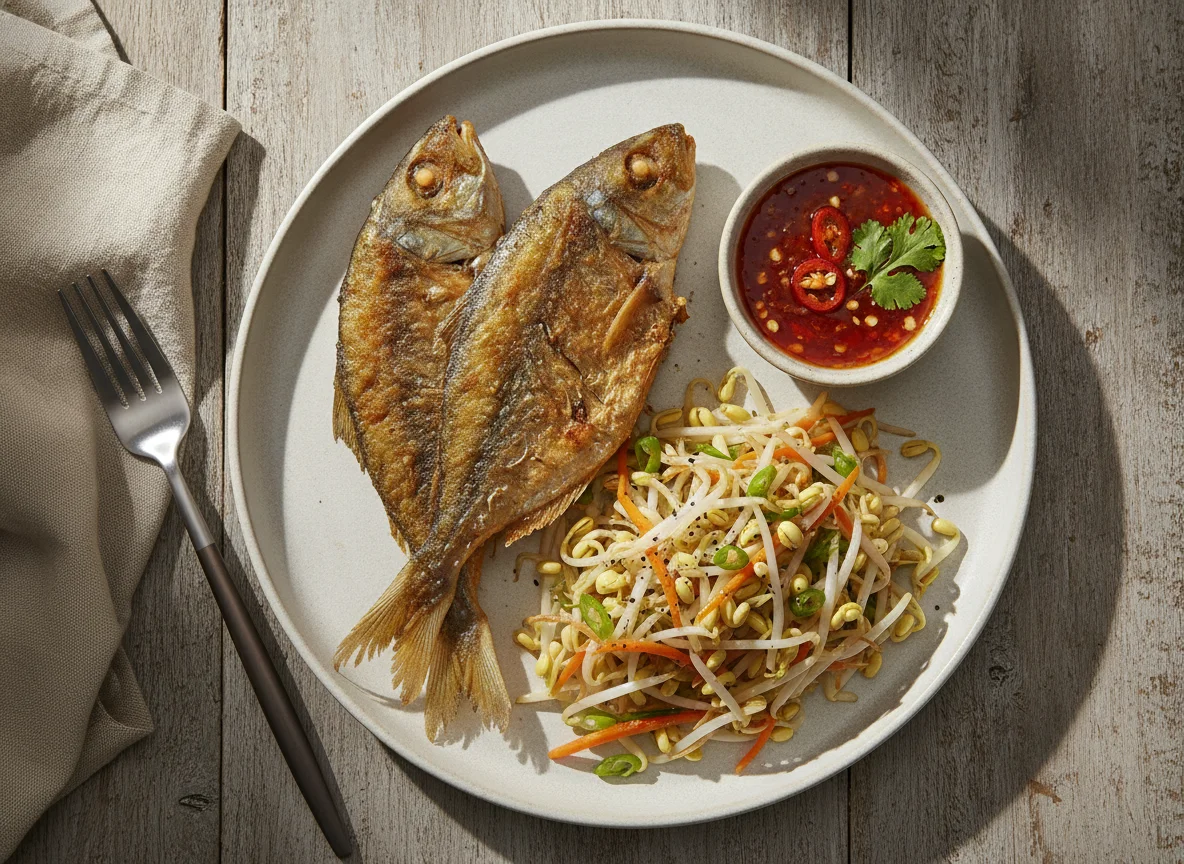 Fried Galunggong with Ginisang Togue and Sweet Chili Sauce photo