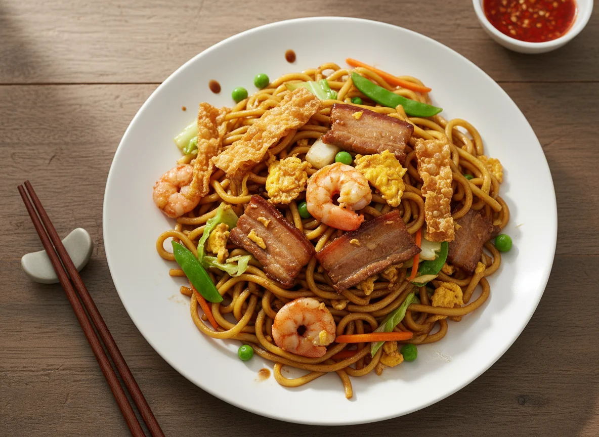 Fried Hokkien Noodles with Egg and Fried Beancurd Skin photo
