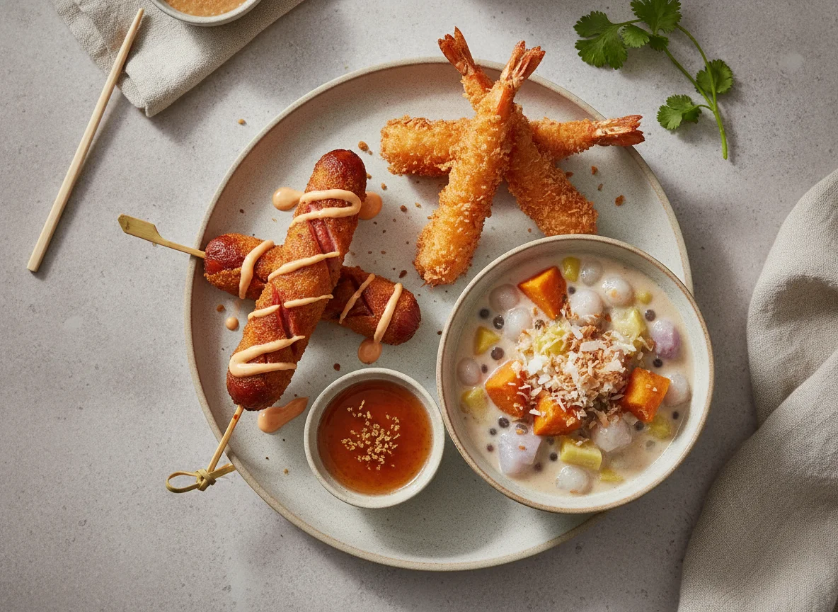 Fried Hot Dogs and Tempura Shrimp photo