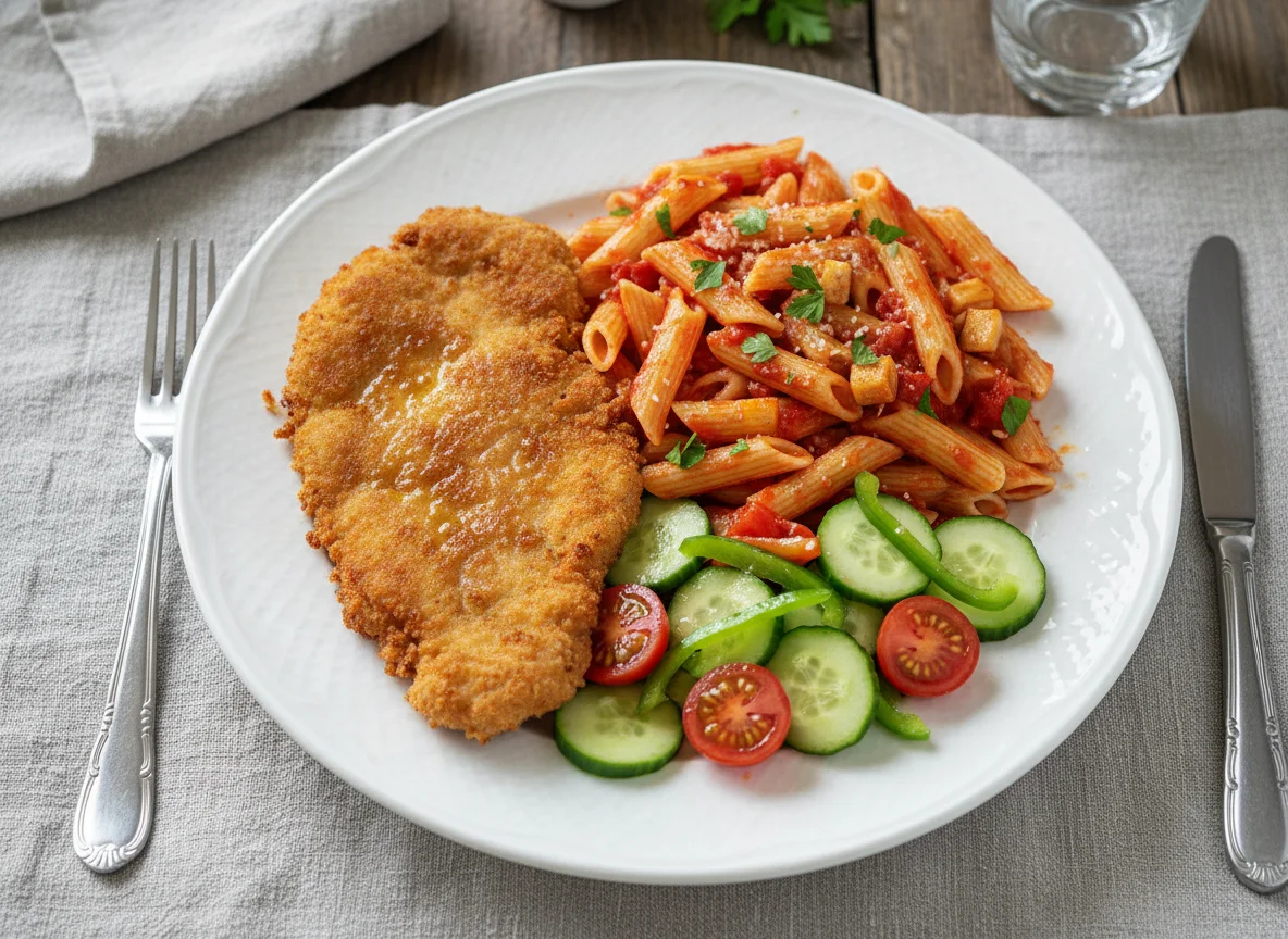 Fried Meat with Pasta and Salad photo