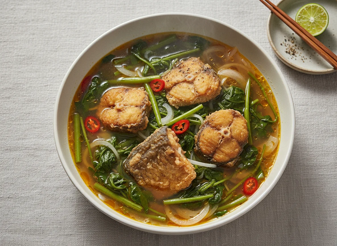Fried Milkfish and Water Spinach Soup photo
