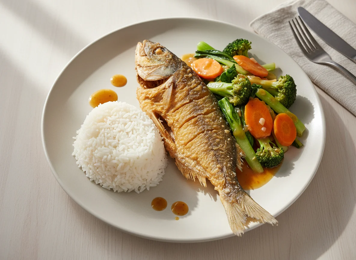 Fried Milkfish with Mixed Vegetables and Rice photo