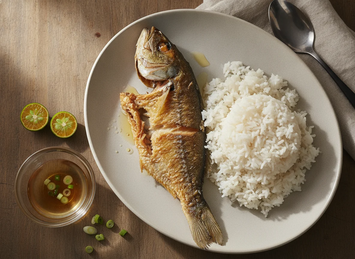 Fried Milkfish with White Rice photo