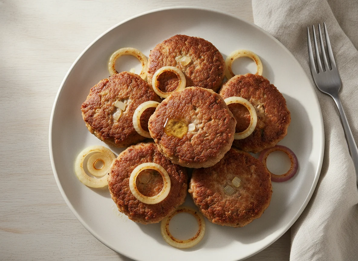 Fried minced beef patties with onions photo