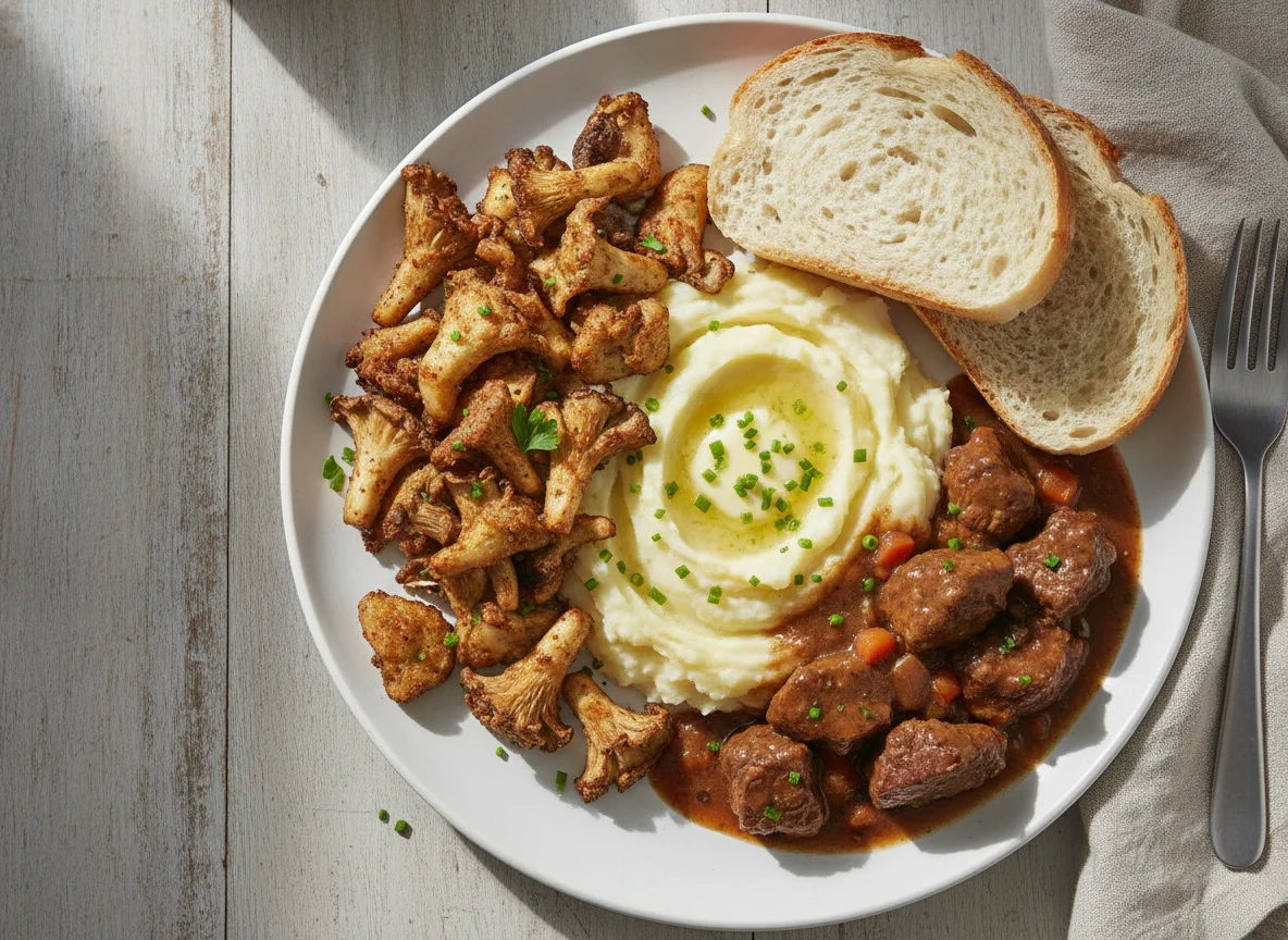 Fried mushrooms with mashed potatoes and meat photo
