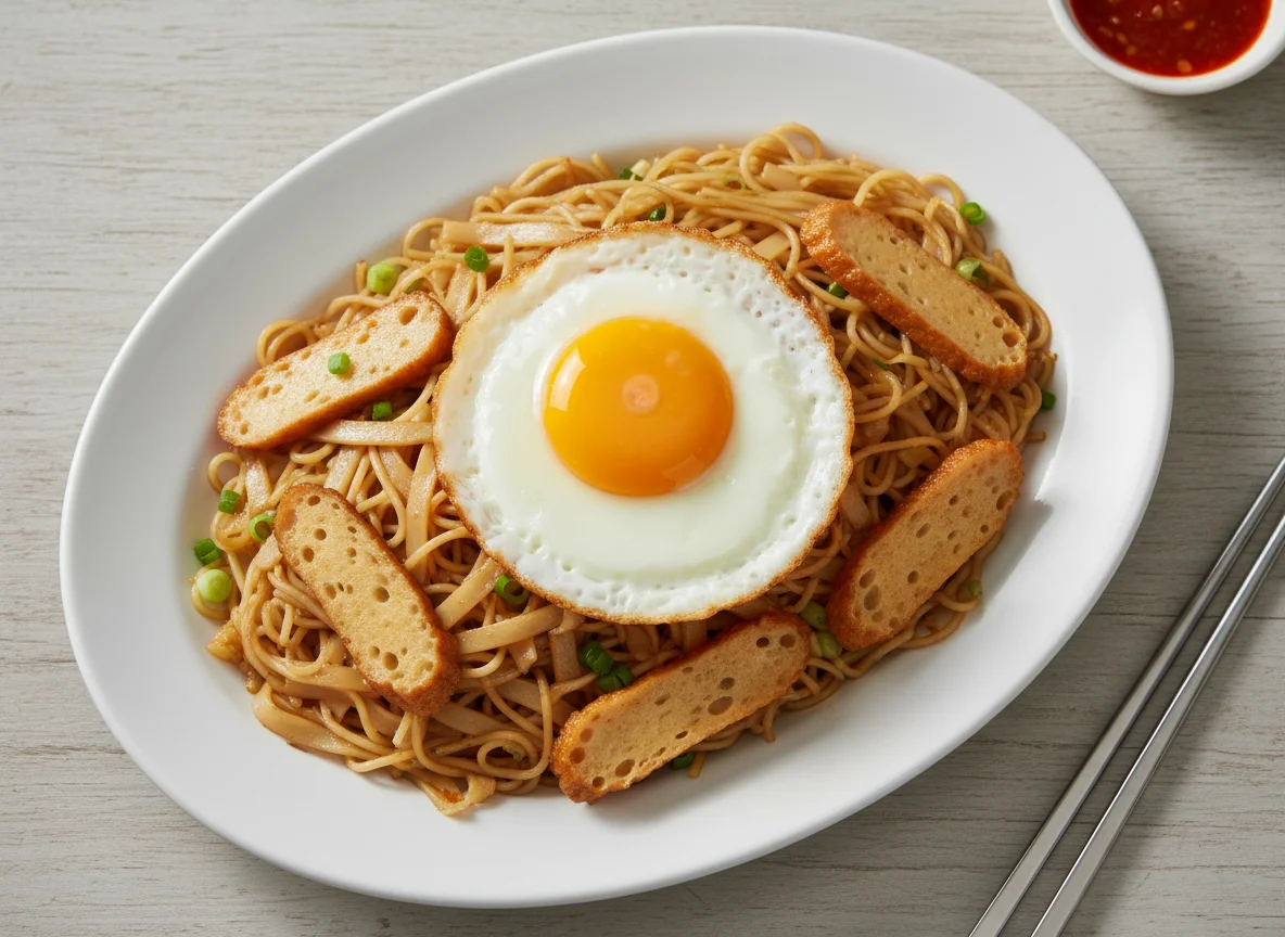 Fried Noodles with Egg and Fishcake photo