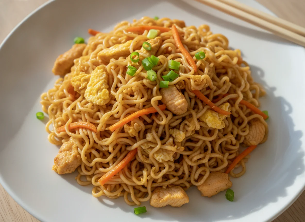 Fried noodles with eggs and vegetables photo