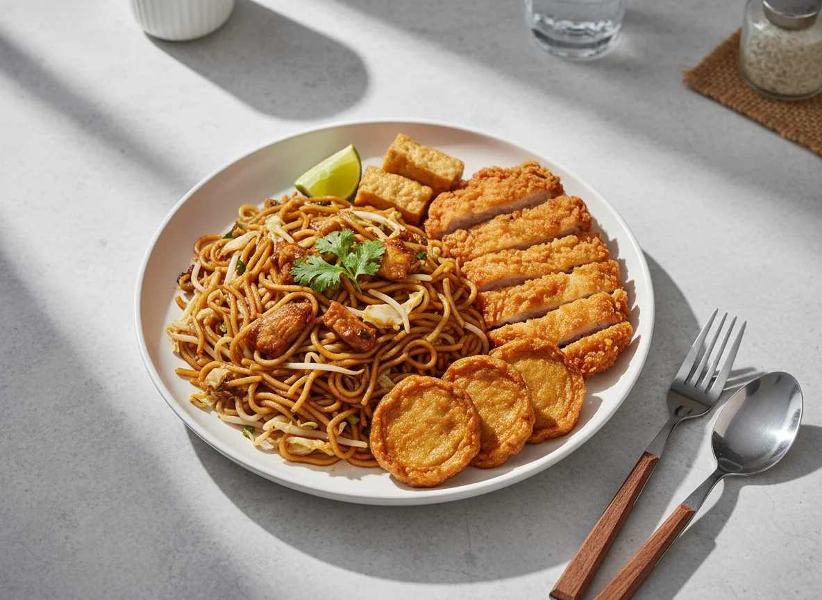 Fried Noodles with Fried Chicken and Fishcakes photo