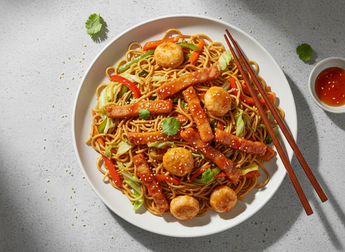 Fried Noodles with Sweet and Sour Pork and Fish Balls photo