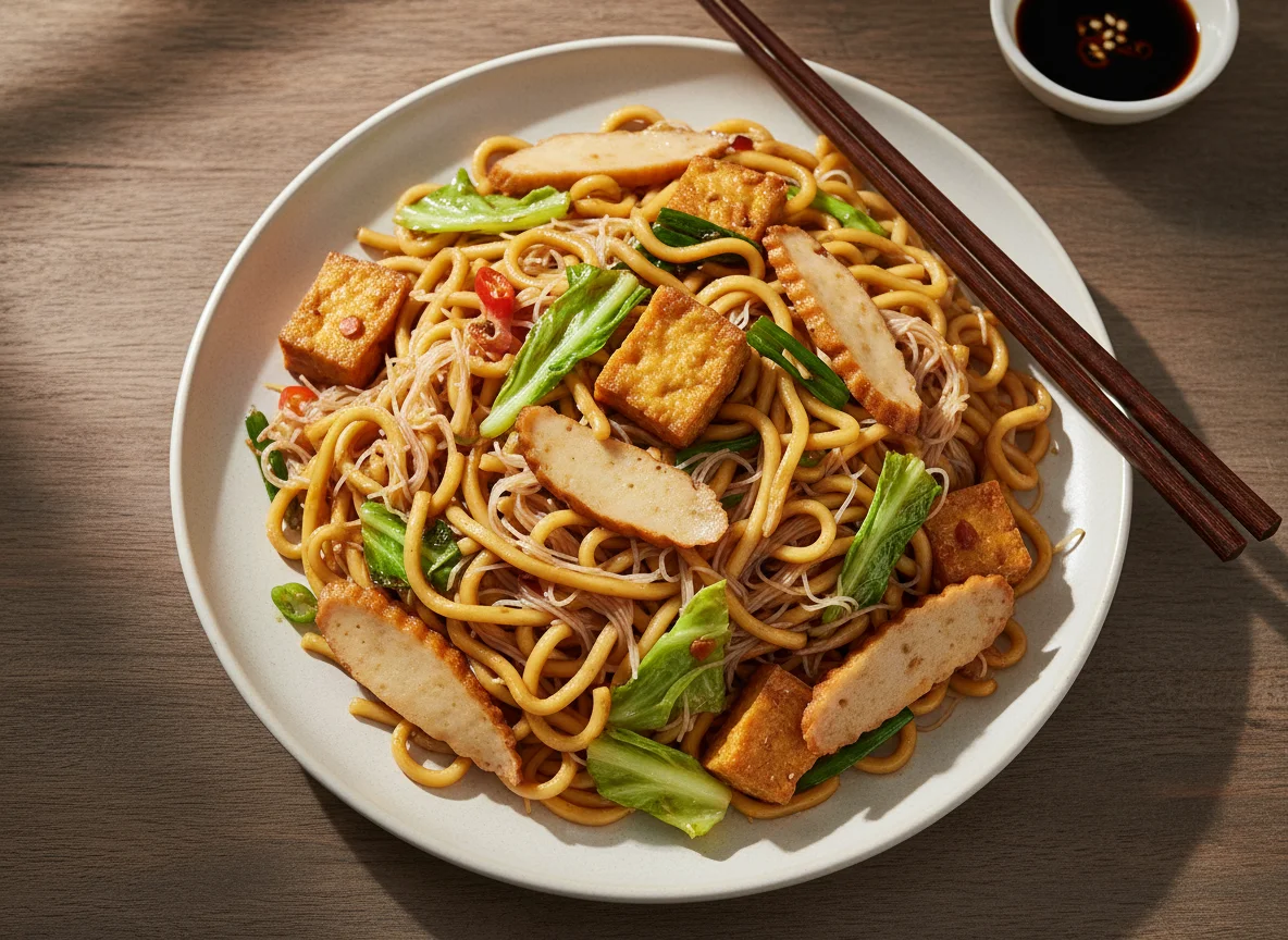 Fried Noodles with Tofu and Cabbage photo