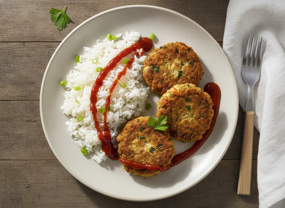 Fried Patties with Rice and Ketchup photo