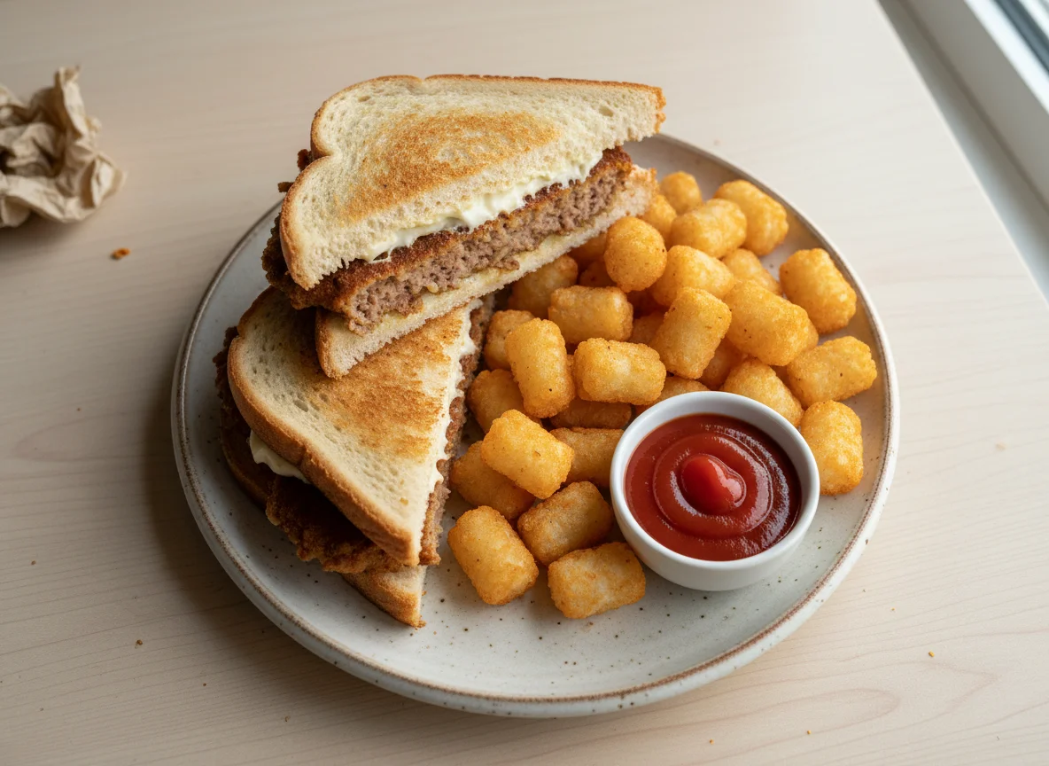 Fried Patty Sandwich with Tater Tots and Ketchup photo