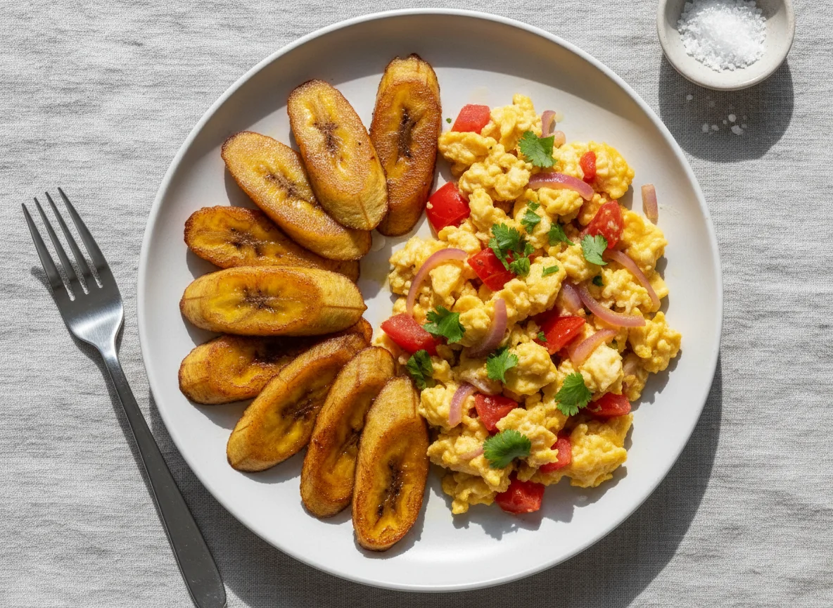 Fried Plantain and Scrambled Eggs with Vegetables photo
