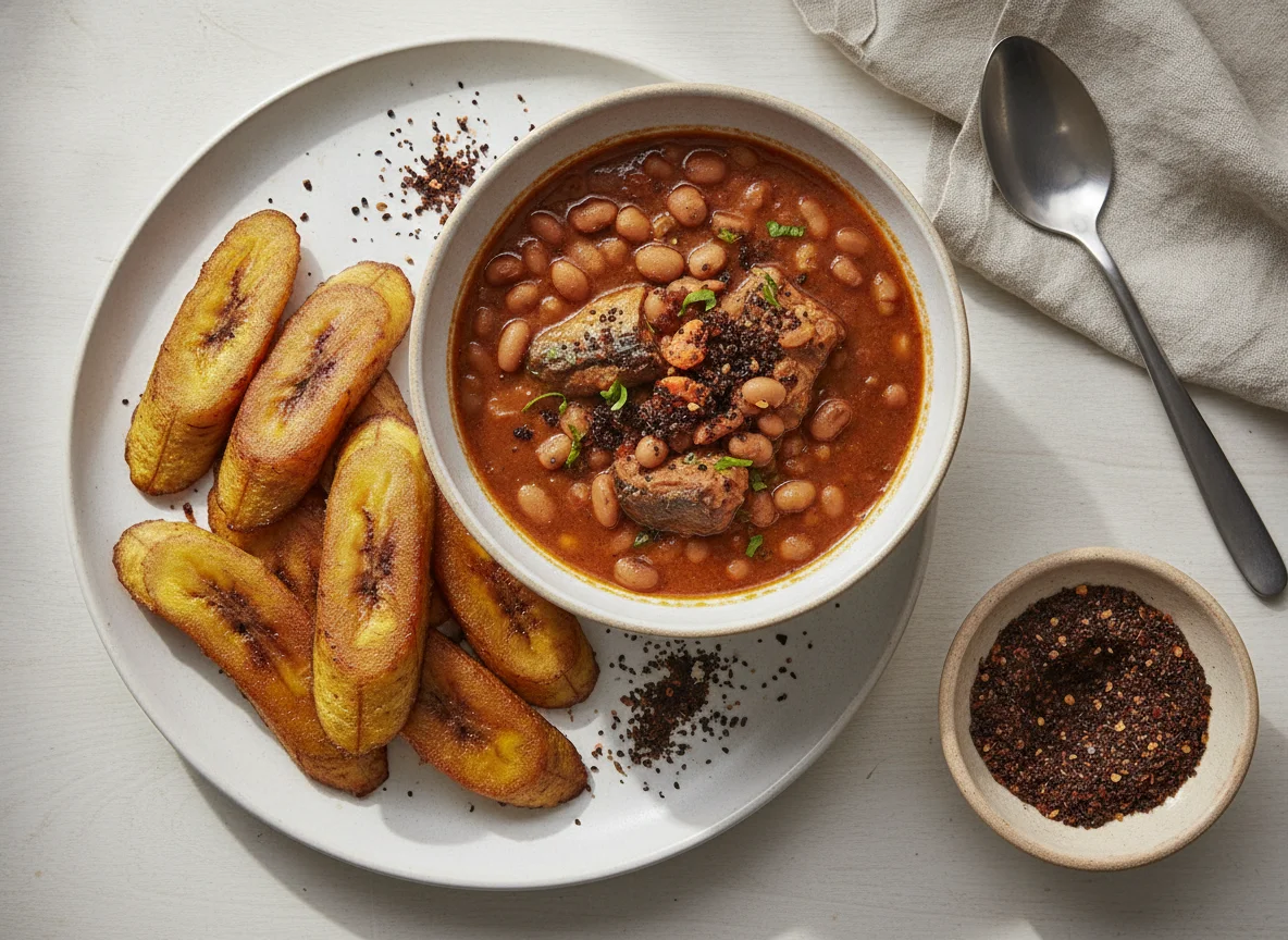 Fried Plantain with Beans Stew and Shito Powder photo