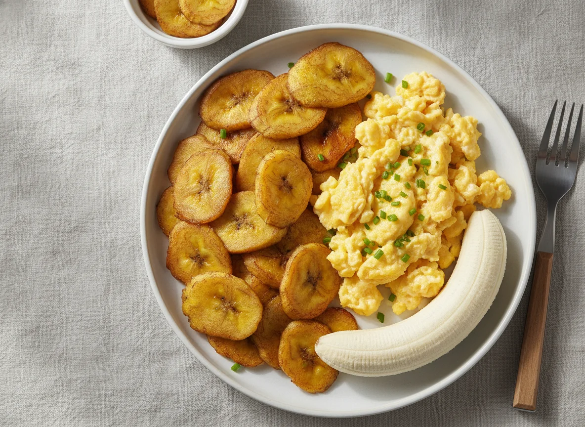 Fried Plantain with Scrambled Eggs and Banana photo