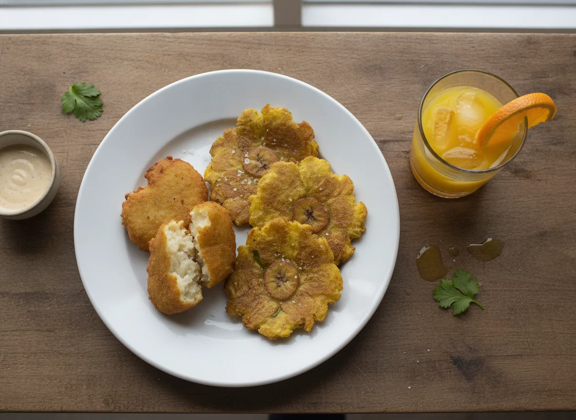 Fried Plantains and Fritters with Orange Juice photo