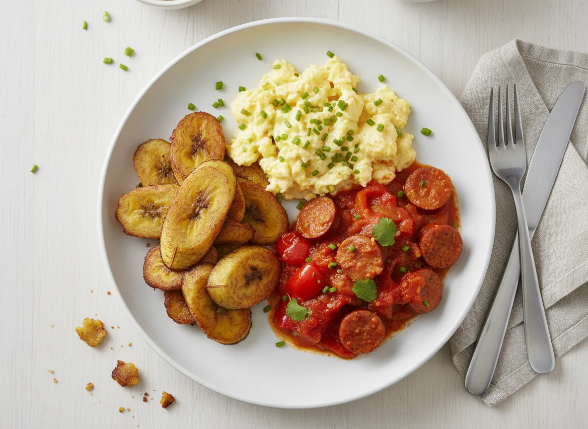 Fried Plantains and Scrambled Eggs with Stew photo