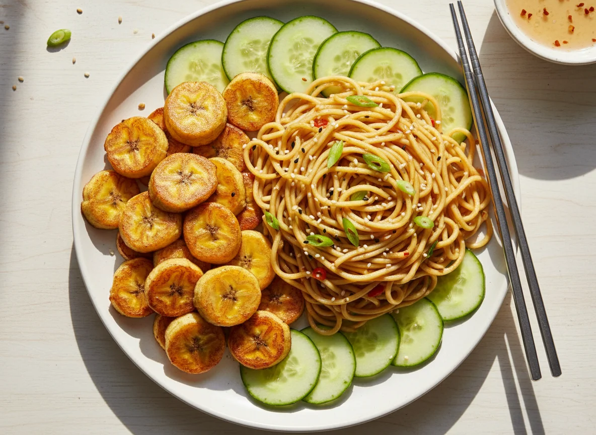 Fried Plantains with Noodles and Cucumber photo